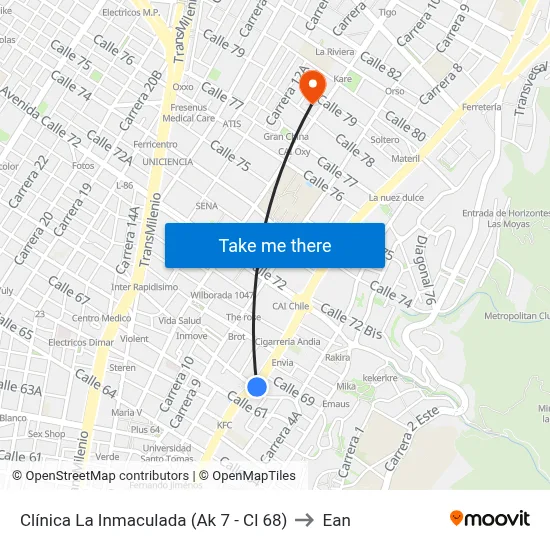 Clínica La Inmaculada (Ak 7 - Cl 68) to Ean map