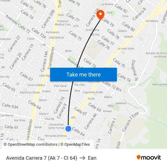 Avenida Carrera 7 (Ak 7 - Cl 64) to Ean map