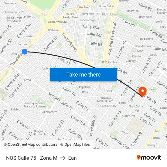 NQS Calle 75 - Zona M to Ean map