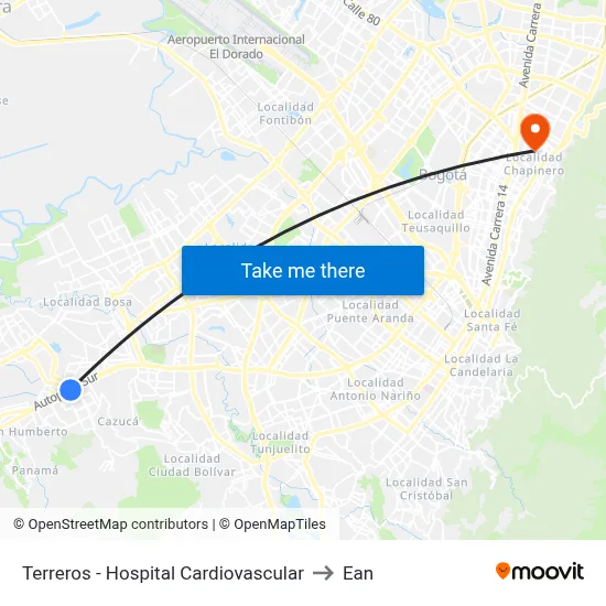 Terreros - Hospital Cardiovascular to Ean map