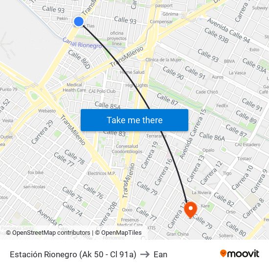 Estación Rionegro (Ak 50 - Cl 91a) to Ean map