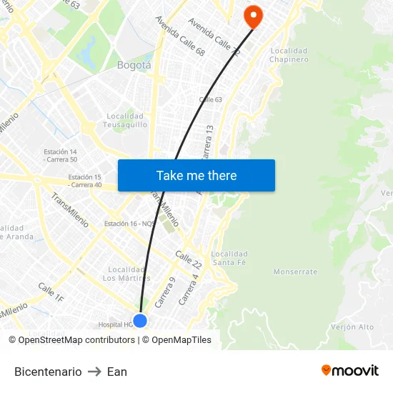 Bicentenario to Ean map