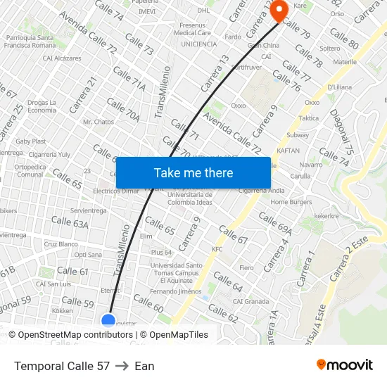 Temporal Calle 57 to Ean map