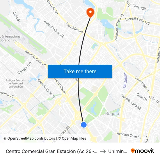 Centro Comercial Gran Estación (Ac 26 - Kr 60) to Uniminuto map