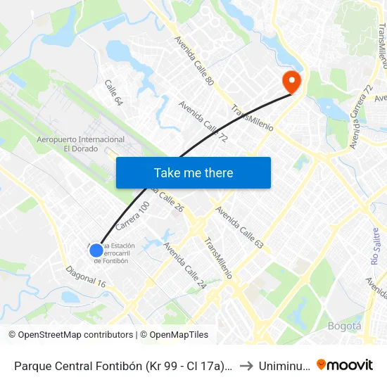 Parque Central Fontibón (Kr 99 - Cl 17a) (B) to Uniminuto map