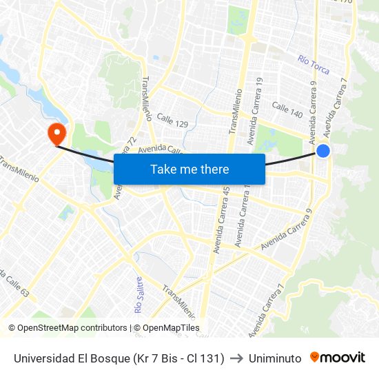Universidad El Bosque (Kr 7 Bis - Cl 131) to Uniminuto map