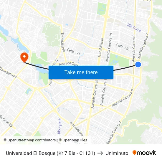 Universidad El Bosque (Kr 7 Bis - Cl 131) to Uniminuto map