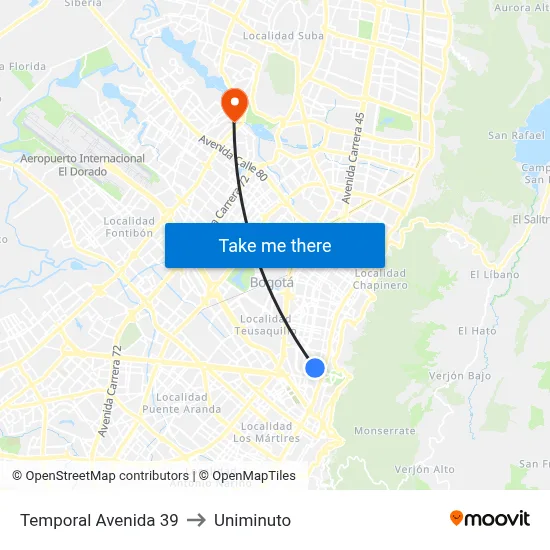 Temporal Avenida 39 to Uniminuto map
