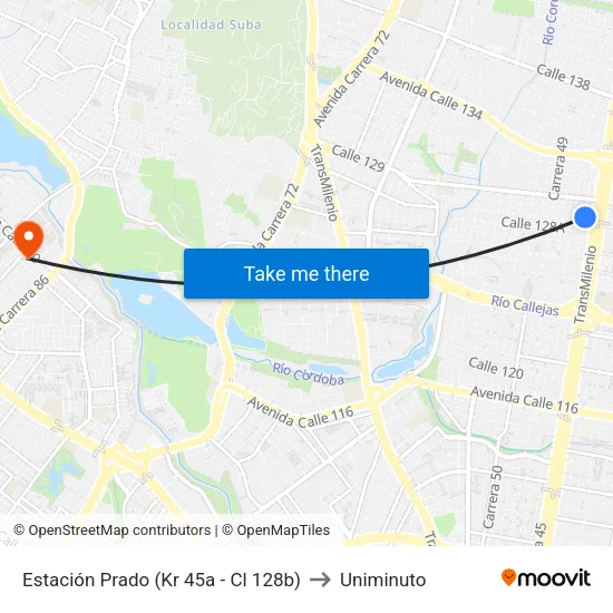Estación Prado (Kr 45a - Cl 128b) to Uniminuto map