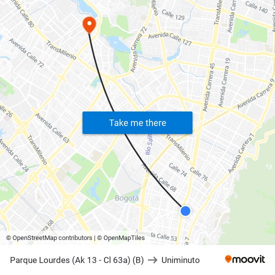 Parque Lourdes (Ak 13 - Cl 63a) (B) to Uniminuto map