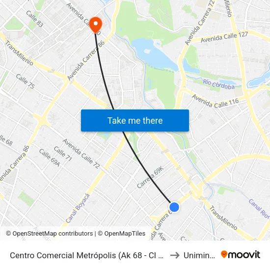 Centro Comercial Metrópolis (Ak 68 - Cl 75a) (C) to Uniminuto map