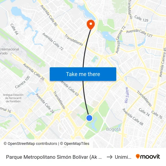 Parque Metropolitano Simón Bolívar (Ak 68 - Cl 53) (D) to Uniminuto map