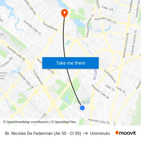 Br. Nicolás De Federmán (Ak 50 - Cl 59) to Uniminuto map