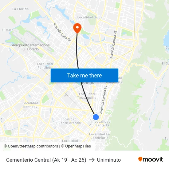 Cementerio Central (Ak 19 - Ac 26) to Uniminuto map