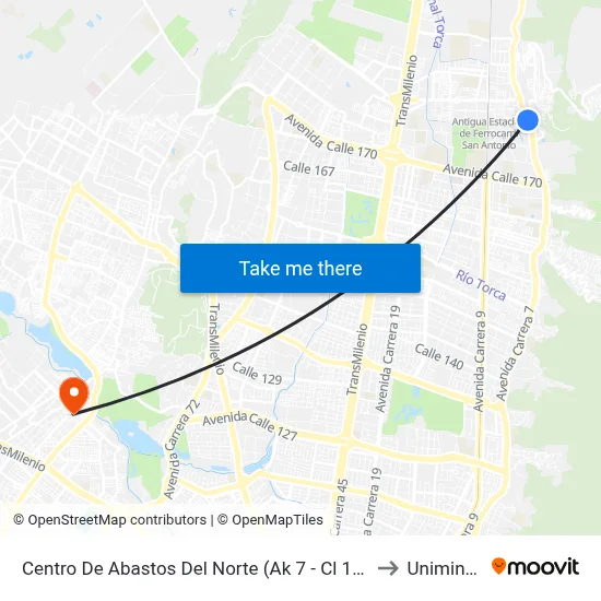 Centro De Abastos Del Norte (Ak 7 - Cl 181) (A) to Uniminuto map