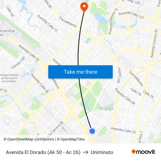 Avenida El Dorado (Ak 50 - Ac 26) to Uniminuto map