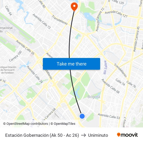 Estación Gobernación (Ak 50 - Ac 26) to Uniminuto map