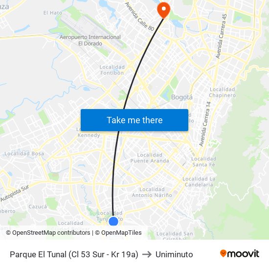 Parque El Tunal (Cl 53 Sur - Kr 19a) to Uniminuto map