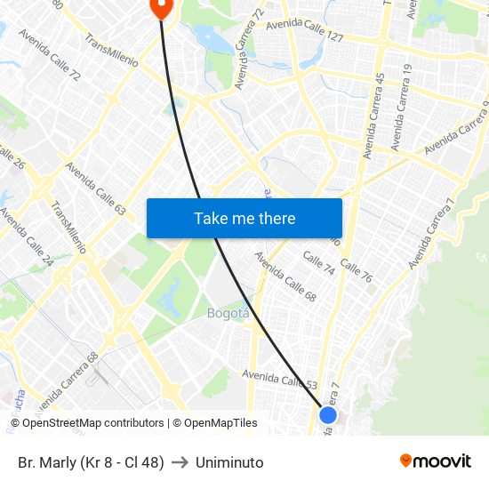 Br. Marly (Kr 8 - Cl 48) to Uniminuto map