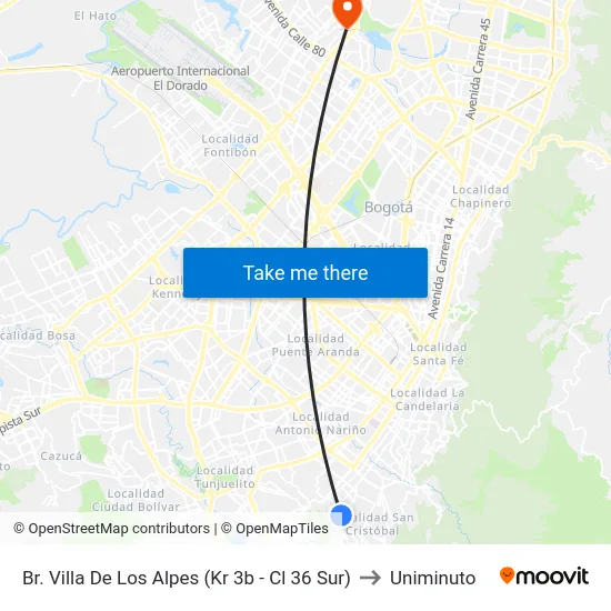 Br. Villa De Los Alpes (Kr 3b - Cl 36 Sur) to Uniminuto map