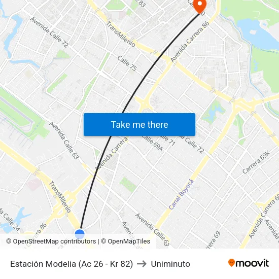 Estación Modelia (Ac 26 - Kr 82) to Uniminuto map