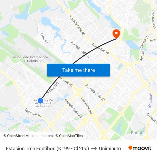 Estación Tren Fontibón (Kr 99 - Cl 20c) to Uniminuto map