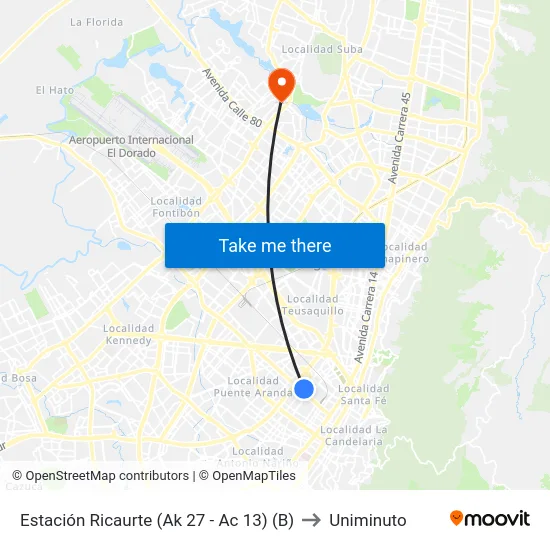 Estación Ricaurte (Ak 27 - Ac 13) (B) to Uniminuto map