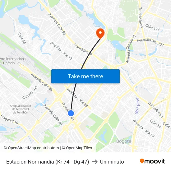 Estación Normandía (Kr 74 - Dg 47) to Uniminuto map