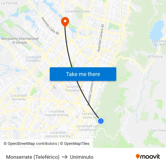 Monserrate (Teleférico) to Uniminuto map
