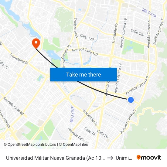 Universidad Militar Nueva Granada (Ac 100 - Kr 10) (A) to Uniminuto map