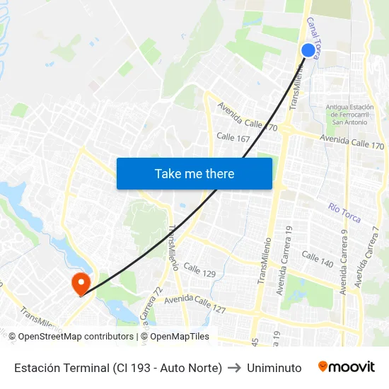 Estación Terminal (Cl 193 - Auto Norte) to Uniminuto map