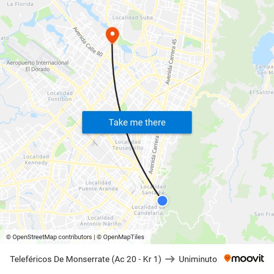 Teleféricos De Monserrate (Ac 20 - Kr 1) to Uniminuto map