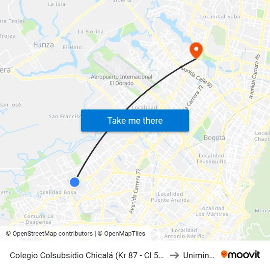 Colegio Colsubsidio Chicalá (Kr 87 - Cl 53c Sur) to Uniminuto map