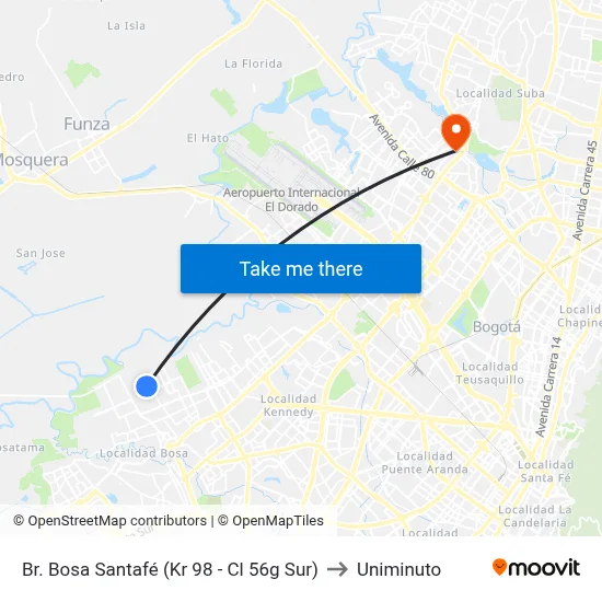 Br. Bosa Santafé (Kr 98 - Cl 56g Sur) to Uniminuto map