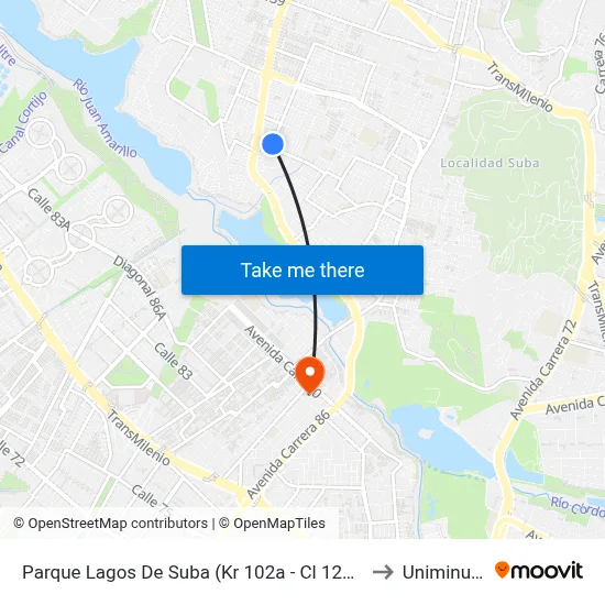 Parque Lagos De Suba (Kr 102a - Cl 129c) to Uniminuto map