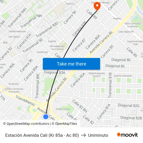 Estación Avenida Cali (Kr 85a - Ac 80) to Uniminuto map