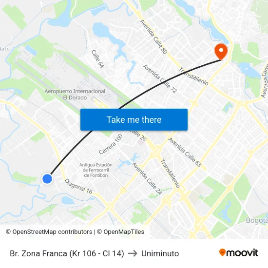 Br. Zona Franca (Kr 106 - Cl 14) to Uniminuto map