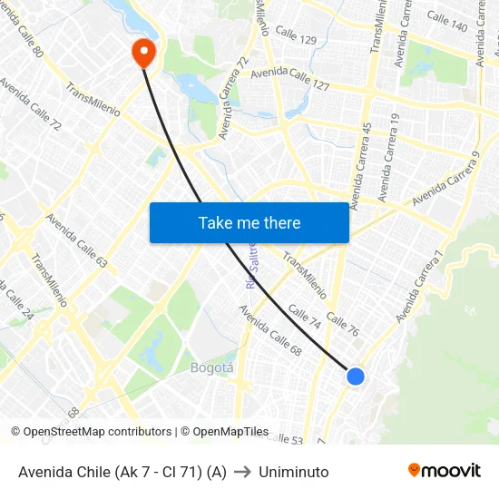 Avenida Chile (Ak 7 - Cl 71) (A) to Uniminuto map