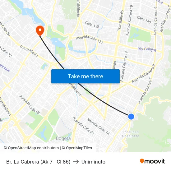Br. La Cabrera (Ak 7 - Cl 86) to Uniminuto map