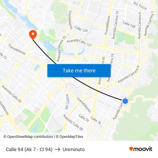 Calle 94 (Ak 7 - Cl 94) to Uniminuto map