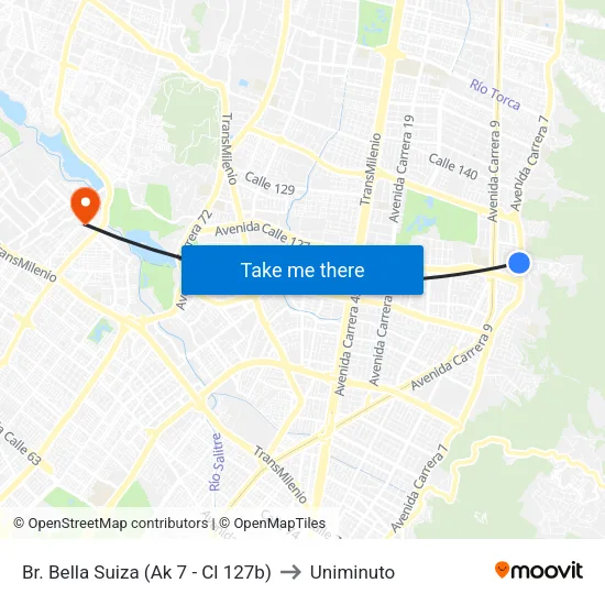 Br. Bella Suiza (Ak 7 - Cl 127b) to Uniminuto map