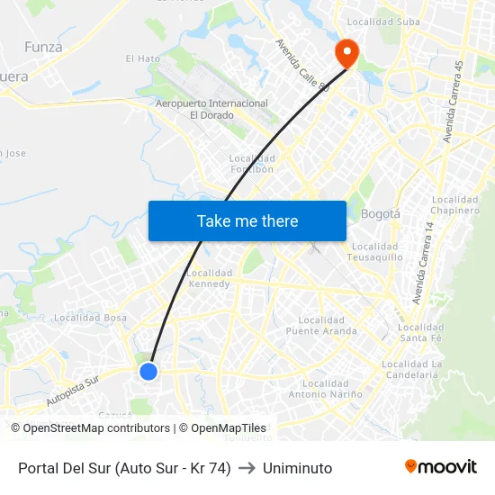 Portal Del Sur (Auto Sur - Kr 74) to Uniminuto map
