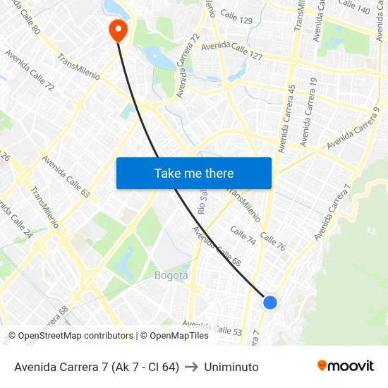 Avenida Carrera 7 (Ak 7 - Cl 64) to Uniminuto map
