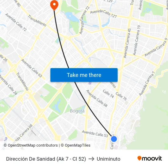 Dirección De Sanidad (Ak 7 - Cl 52) to Uniminuto map