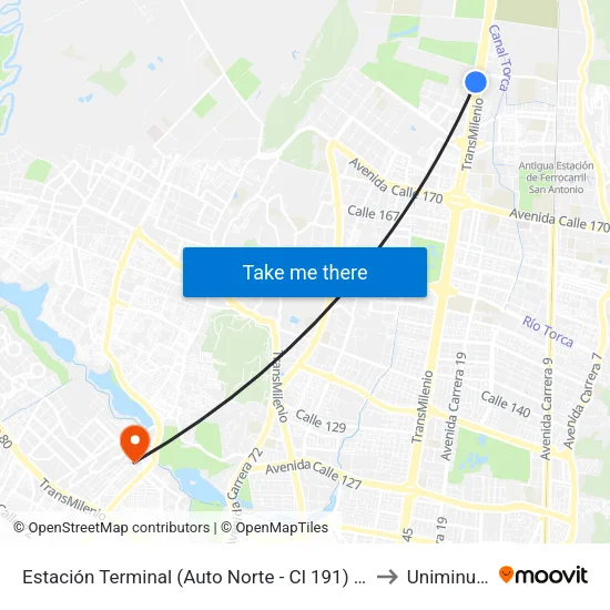 Estación Terminal (Auto Norte - Cl 191) (B) to Uniminuto map