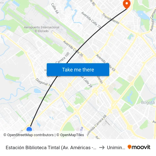 Estación Biblioteca Tintal (Av. Américas - Kr 82) (A) to Uniminuto map