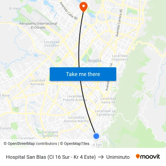 Hospital San Blas (Cl 16 Sur - Kr 4 Este) to Uniminuto map