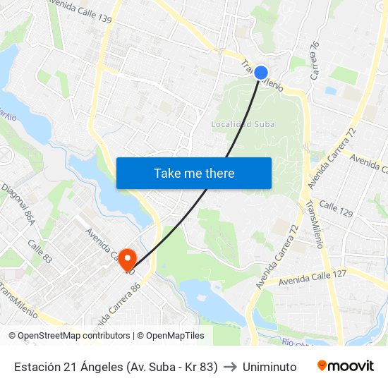 Estación 21 Ángeles (Av. Suba - Kr 83) to Uniminuto map