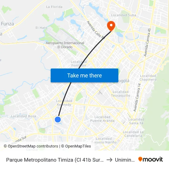 Parque Metropolitano Timiza (Cl 41b Sur - Kr 74) to Uniminuto map