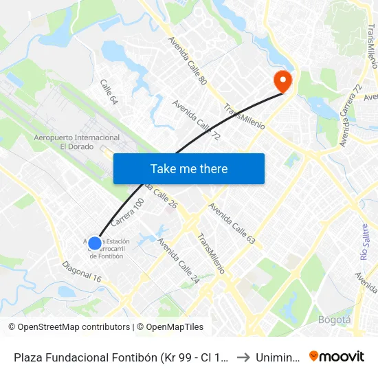 Plaza Fundacional Fontibón (Kr 99 - Cl 18a) (A) to Uniminuto map
